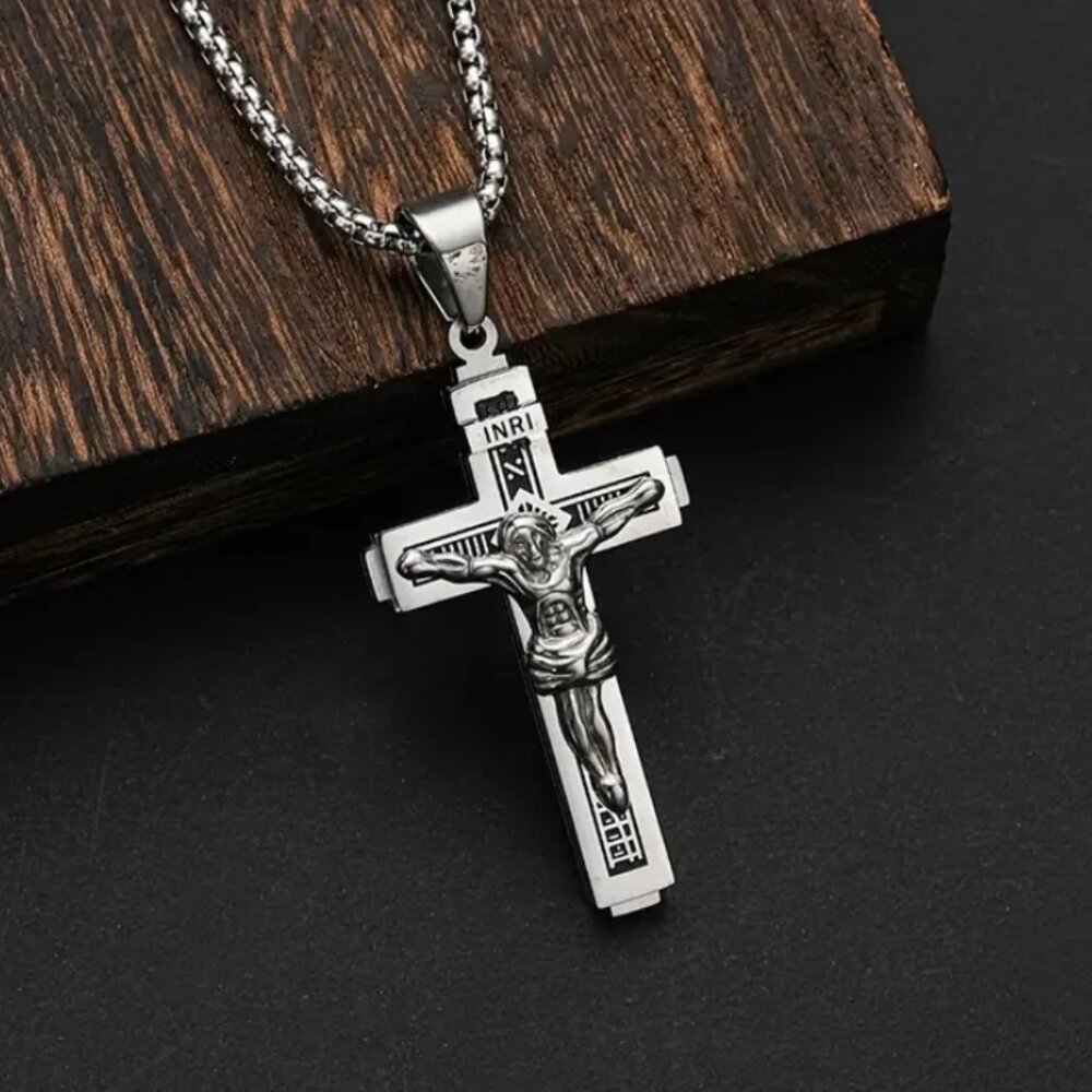 925 Silver Mens 24" Chain Link Cross Crucifix Necklace Guys Christian Jewelry